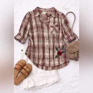 Style & Co Plaid Shirt | Embroidered Detail | Burgundy Button Down | Roll Tab| S